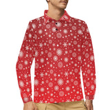Snowflake pattern red background Men's Long Sleeve Polo Shirt