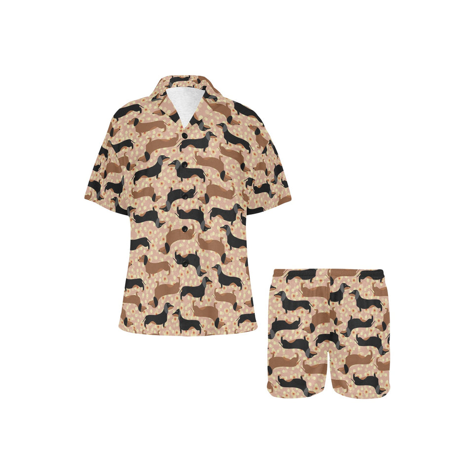 Dachshund floral background Women's V-Neck Short Pajama Set