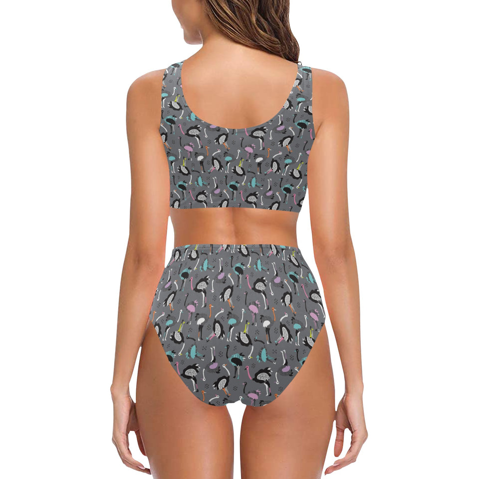 Ostrich Pattern Print Design 01 Chest Bowknot High Waisted Bikini Swimsuit