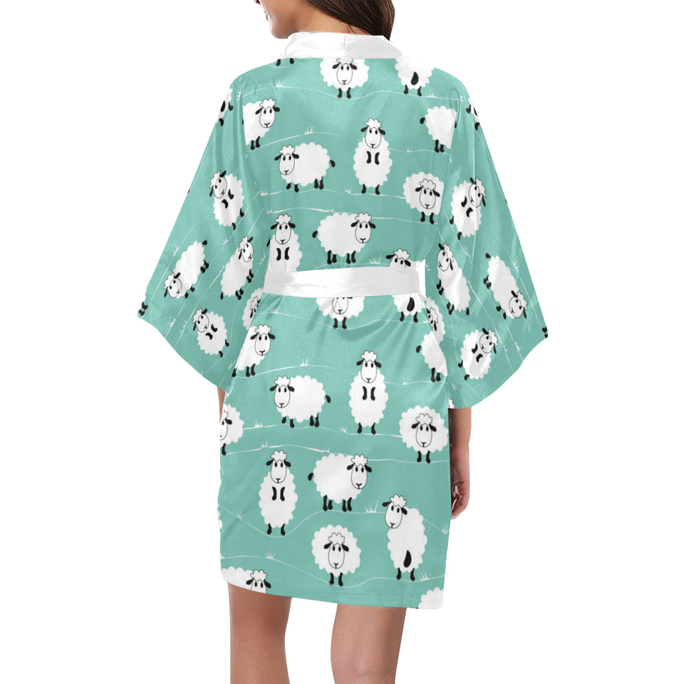 Cute sheep green background Women's Short Kimono Robe
