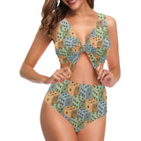 Dice Pattern Print Design 05 Chest Bowknot High Waisted Bikini Swimsuit