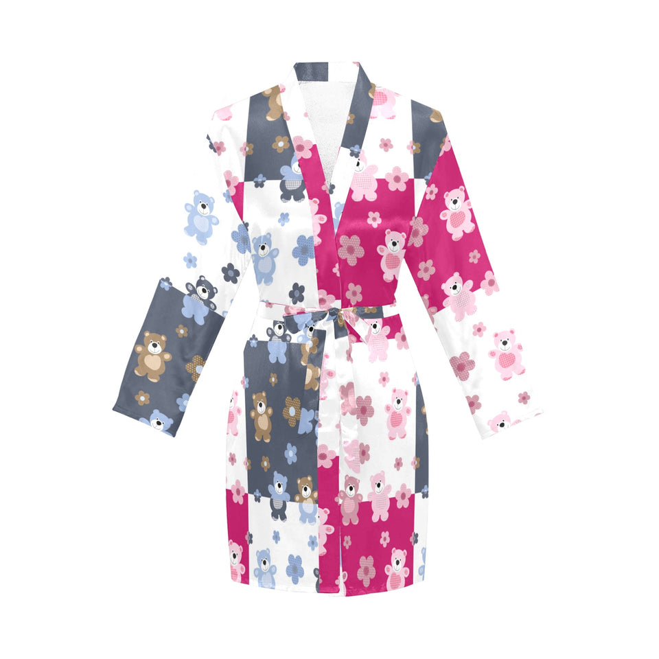 Teddy Bear Pattern Print Design 03 Women's Long Sleeve Belted Night Robe