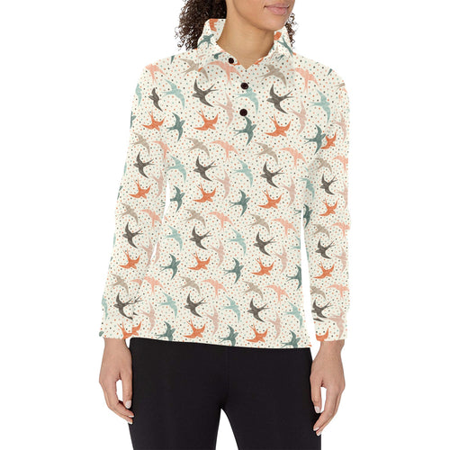 Swallow Pattern Print Design 02 Women's Long Sleeve Polo Shirt