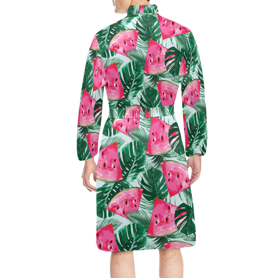 Watermelons tropical palm leaves pattern Men's Long Sleeve Belted Night Robe