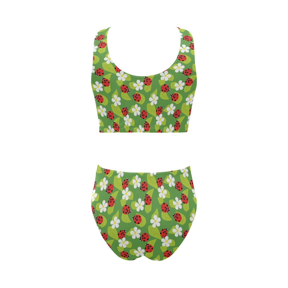 Ladybug Pattern Print Design 01 Chest Bowknot High Waisted Bikini Swimsuit