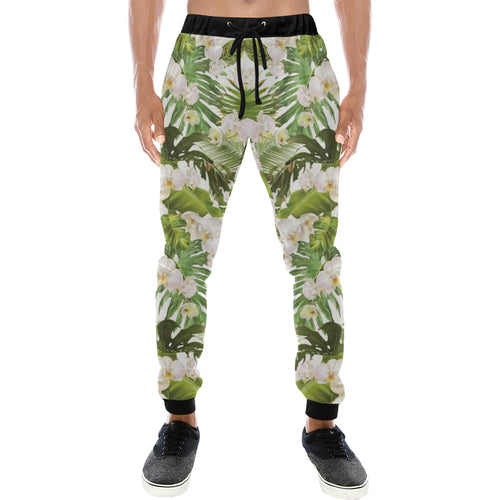 White orchid flower tropical leaves pattern Unisex Casual Sweatpants