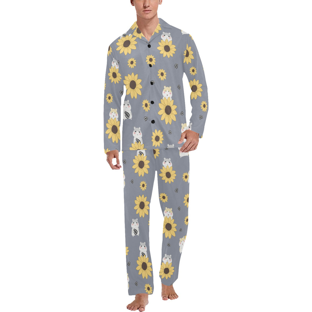 Cute hamster sunflower pattern background Men's Long Pajama Set