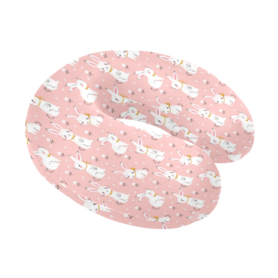 Cute white rabbit flower pink background U-Shaped Travel Neck Pillow