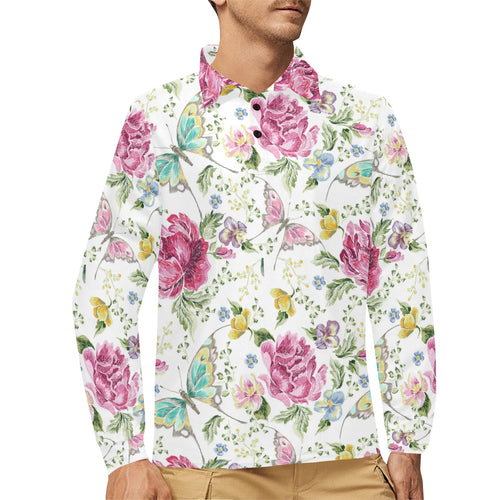 Hand drawn butterfly rose Men's Long Sleeve Polo Shirt