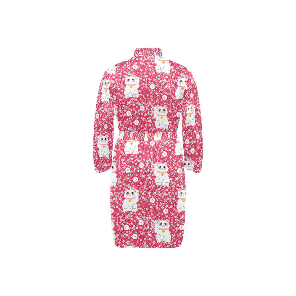 Maneki neko cat sakura pink background Men's Long Sleeve Belted Night Robe