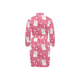 Maneki neko cat sakura pink background Men's Long Sleeve Belted Night Robe