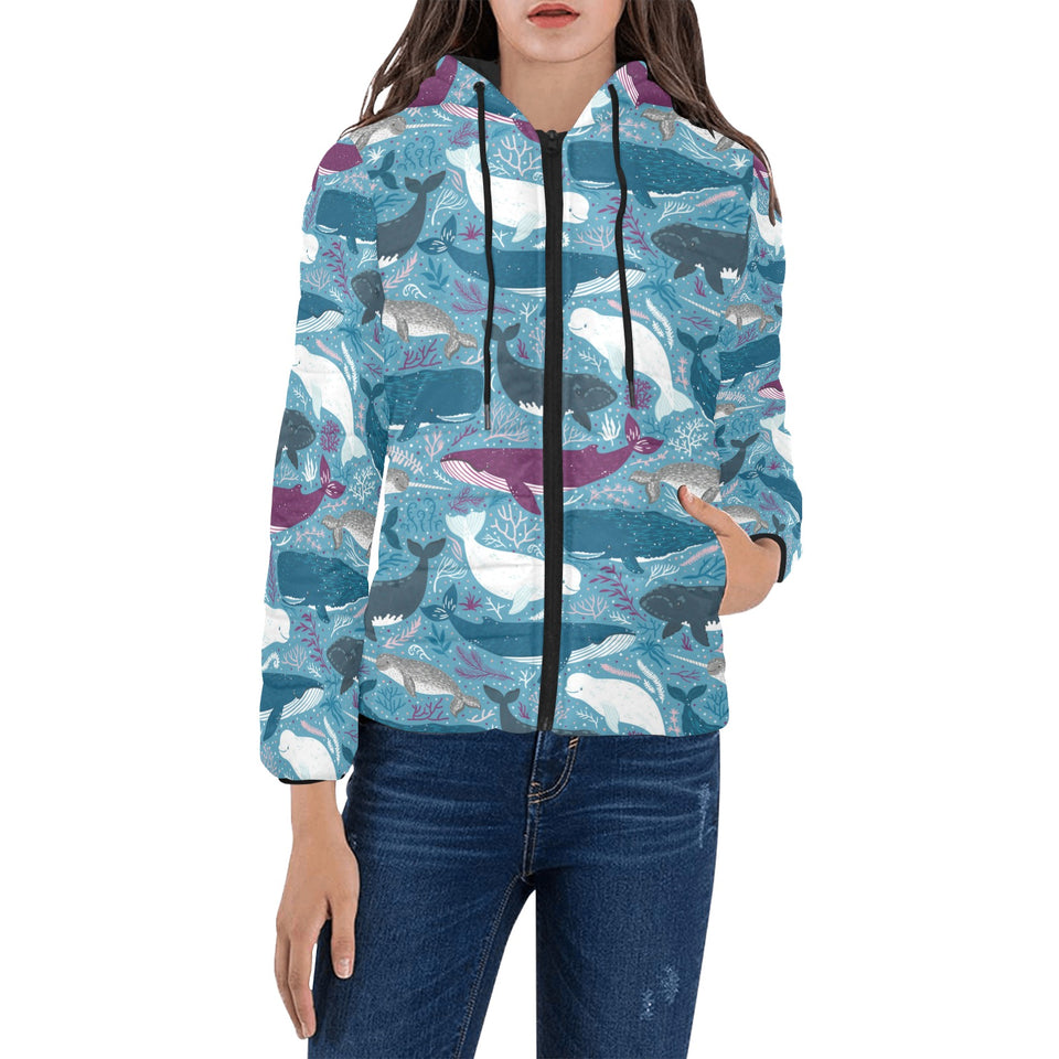 Whale design pattern Women's Padded Hooded Jacket