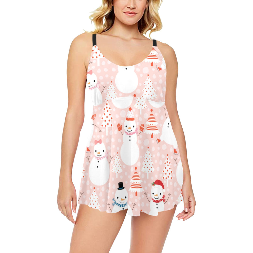 Cute snowman christmas tree snowpink background Chest Sexy Pleated Two Piece Swim Dress