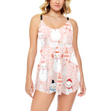 Cute snowman christmas tree snowpink background Chest Sexy Pleated Two Piece Swim Dress
