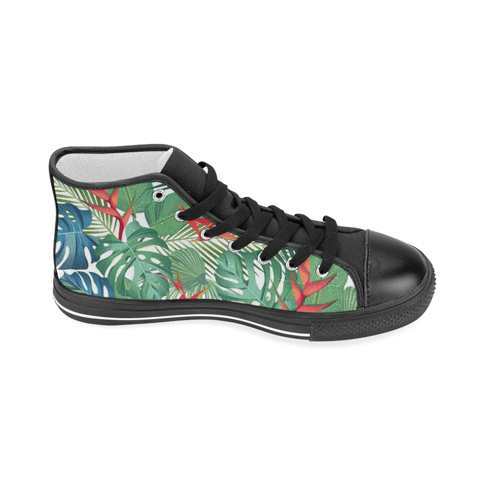 heliconia palm and monstera  leaves pattern Women's High Top Canvas Shoes Black