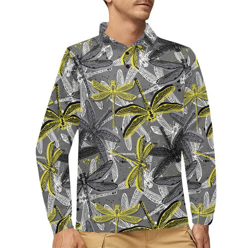 Hand drawn dragonfly pattern Men's Long Sleeve Polo Shirt