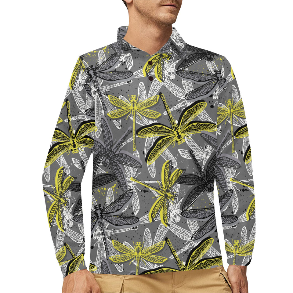 Hand drawn dragonfly pattern Men's Long Sleeve Polo Shirt