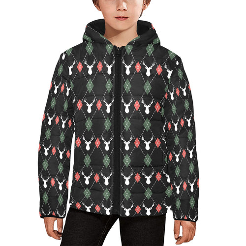 Deer Christmas new year pattern argyle Kids' Boys' Girls' Padded Hooded Jacket