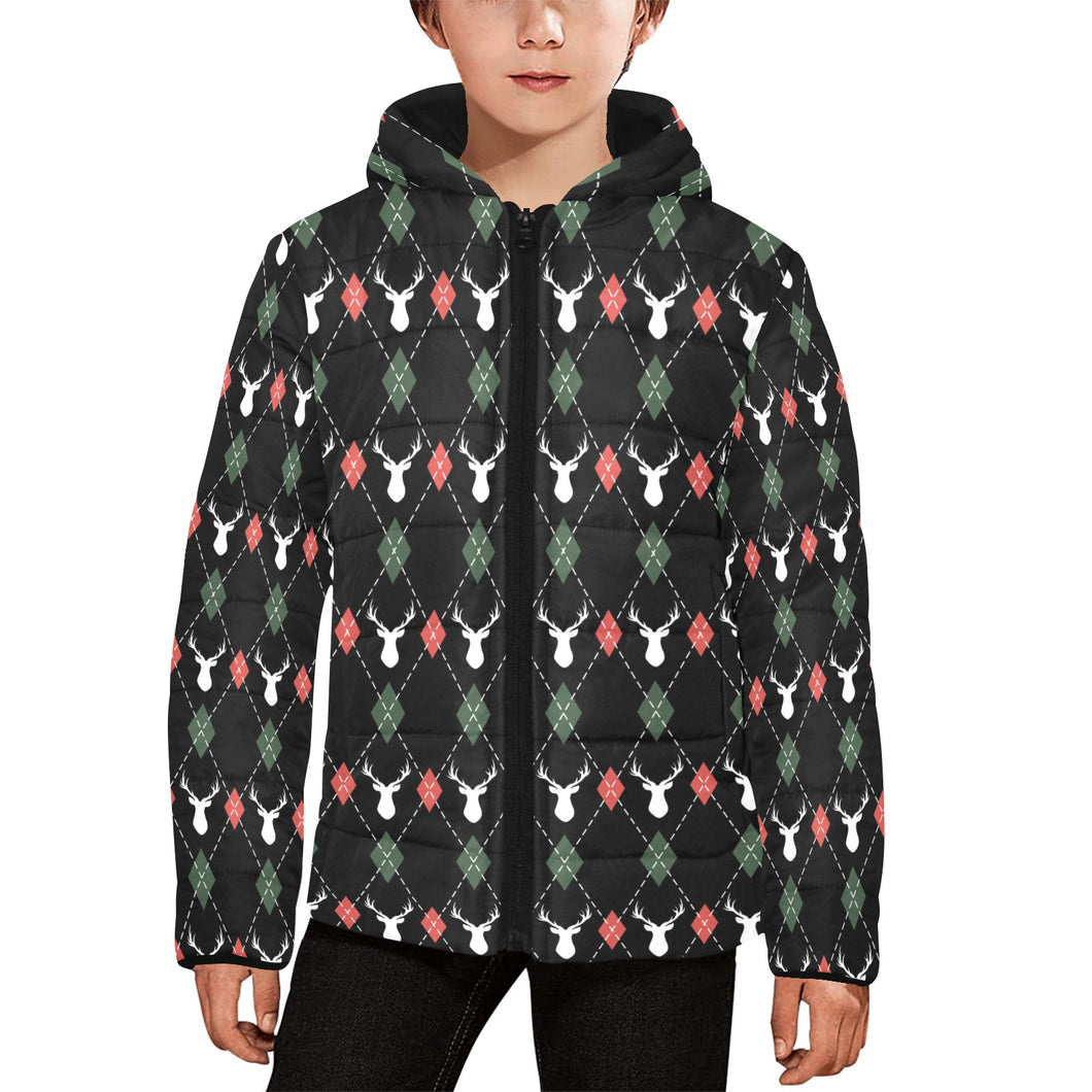 Deer Christmas new year pattern argyle Kids' Boys' Girls' Padded Hooded Jacket