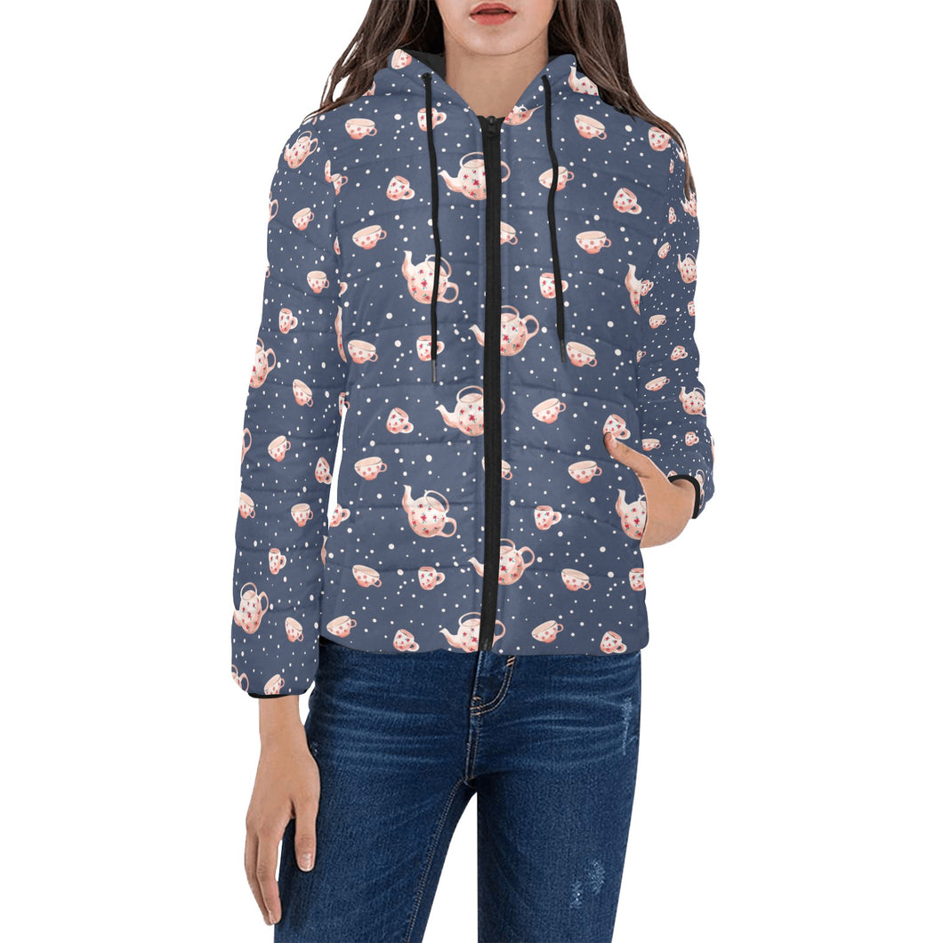 Tea pots Pattern Print Design 04 Women's Padded Hooded Jacket