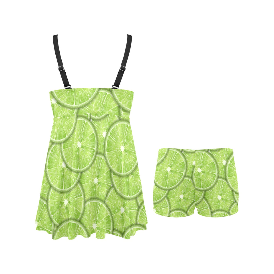 Slices of Lime pattern Chest Sexy Pleated Two Piece Swim Dress