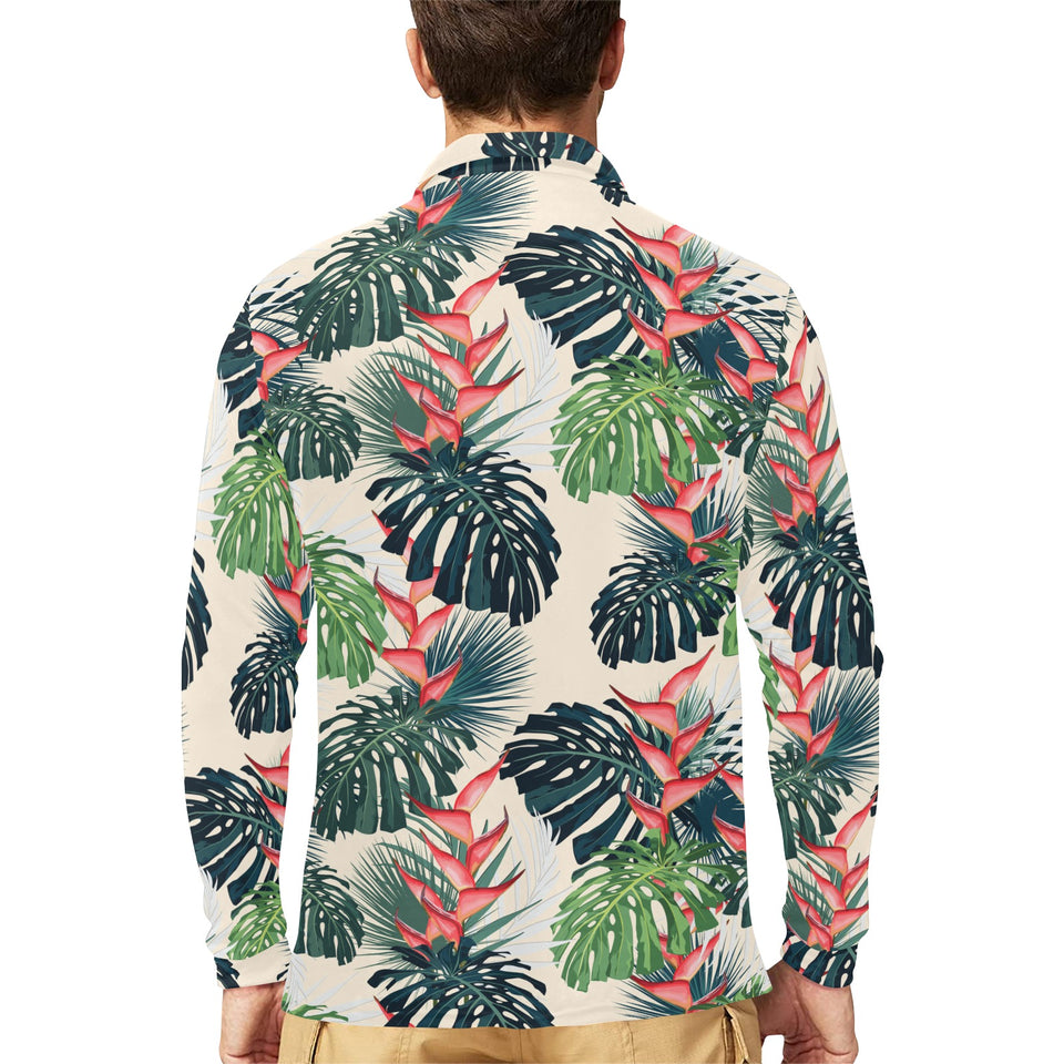 heliconia flowers, palm and monstera leaves Men's Long Sleeve Polo Shirt