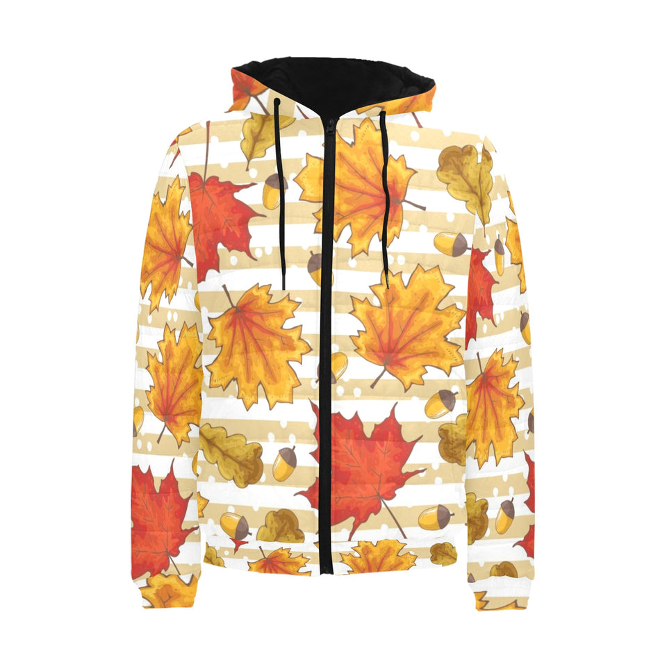 Maple leaf oak leaf acorns beige striped backgroun Men's Padded Hooded Jacket