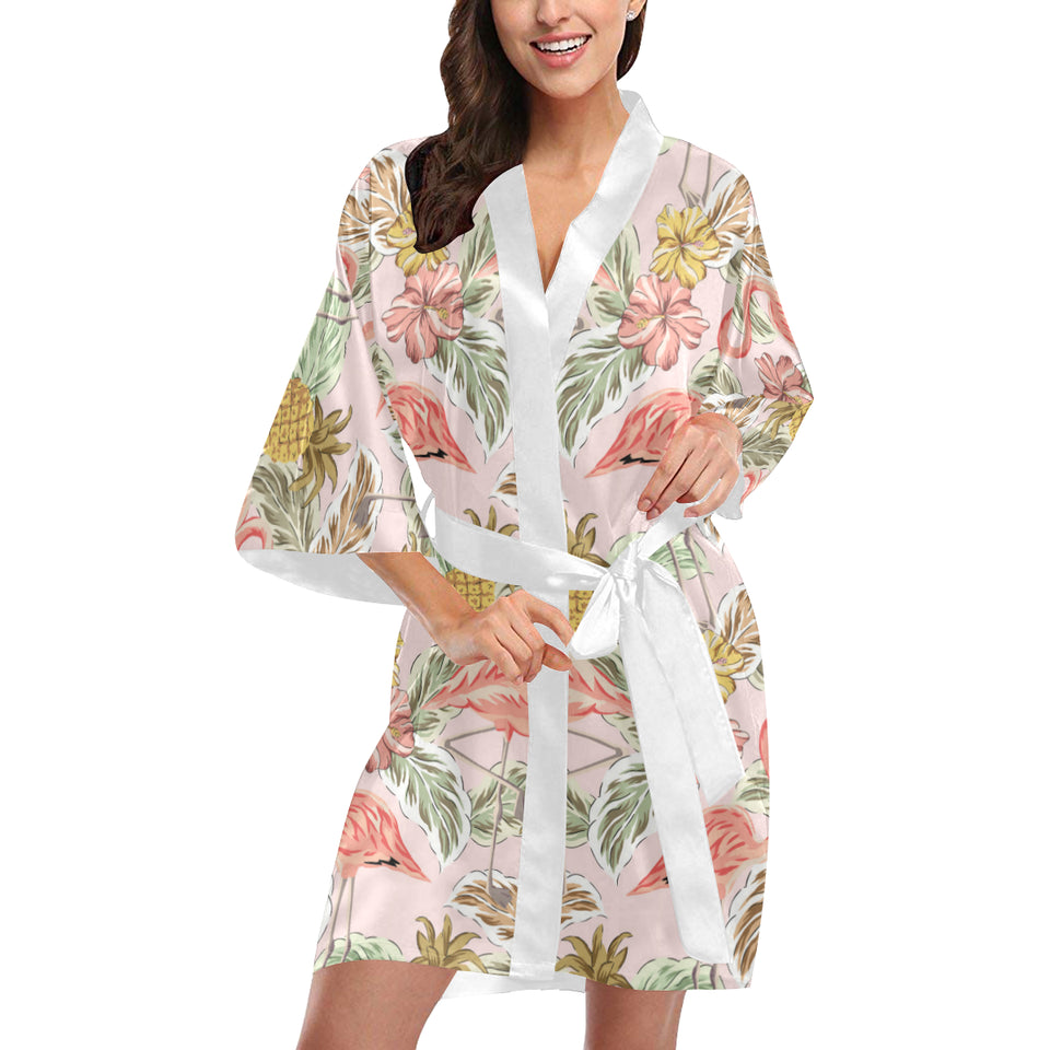Pink flamingo birds pineapples hibiscus flower pat Women's Short Kimono Robe