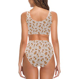 Cute Corgis Pattern pink background Chest Bowknot High Waisted Bikini Swimsuit