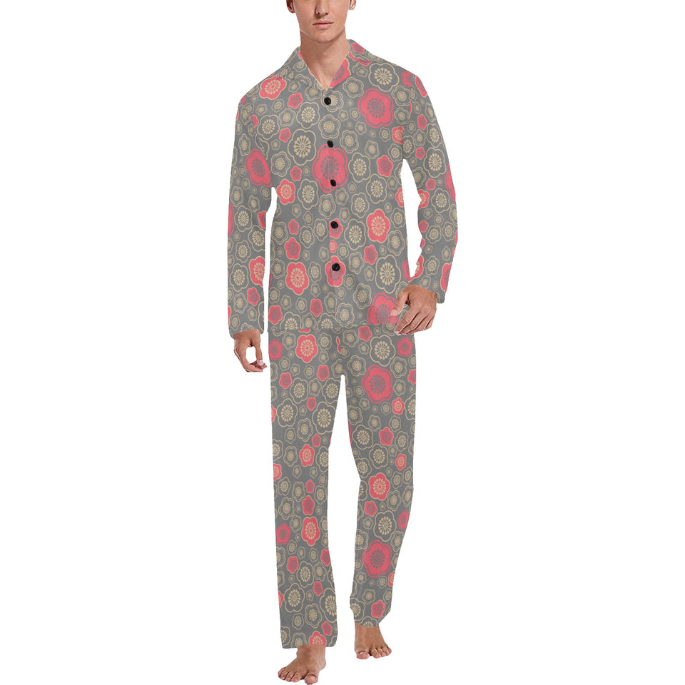 Red gold Sakura cherry blossom gray background Men's Long Pajama Set