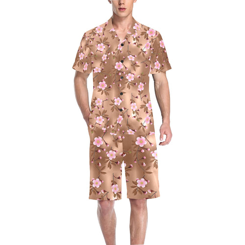 Pink sakura cherry blossom drak brown background Men's V-Neck Short Pajama Set