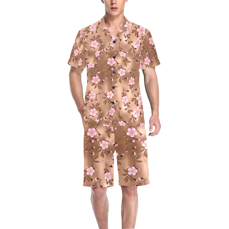 Pink sakura cherry blossom drak brown background Men's V-Neck Short Pajama Set