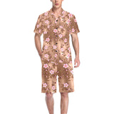 Pink sakura cherry blossom drak brown background Men's V-Neck Short Pajama Set