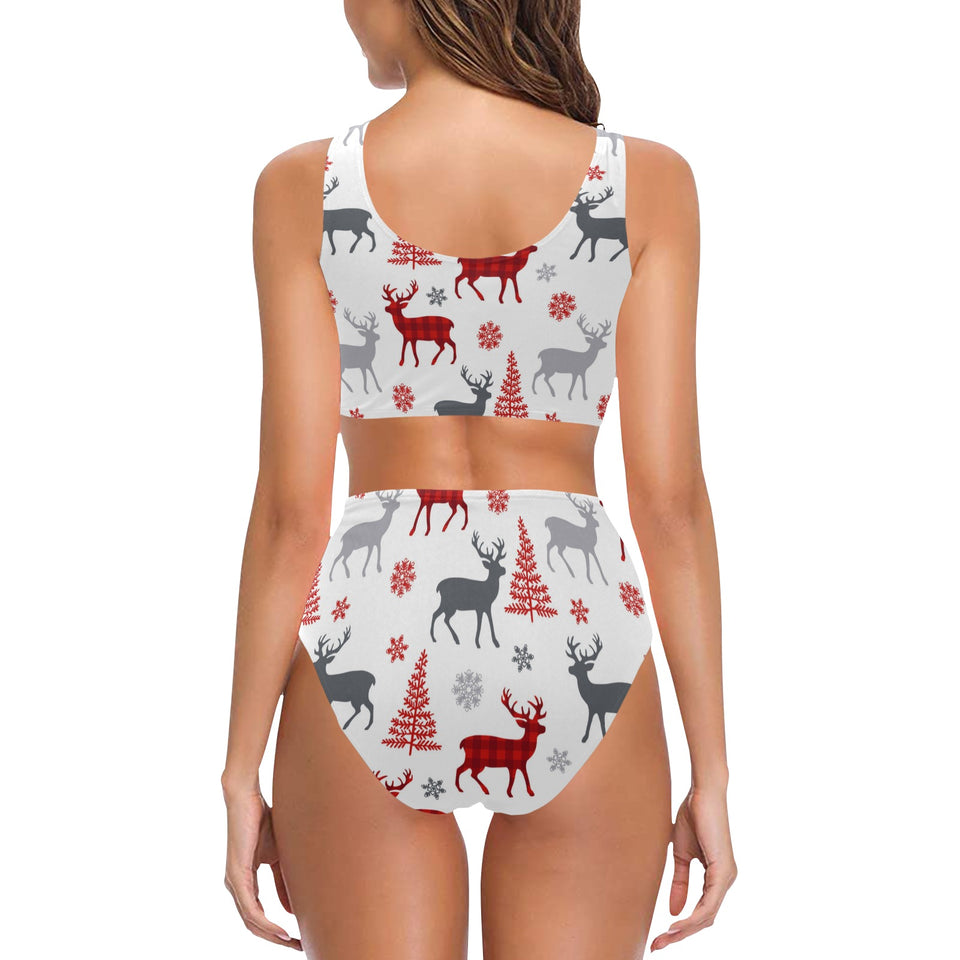 Deer tree snowflakes chrismas pattern Chest Bowknot High Waisted Bikini Swimsuit