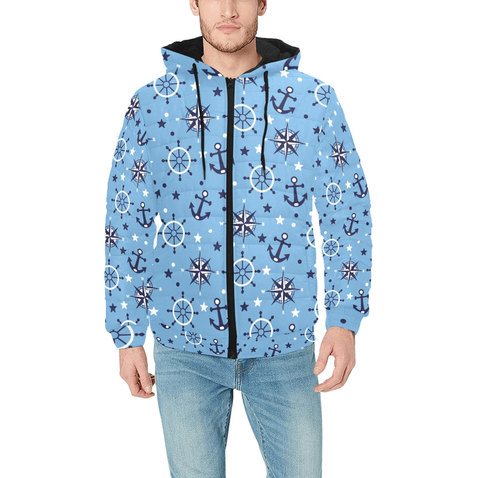Anchors rudder compass star nautical pattern Men's Padded Hooded Jacket