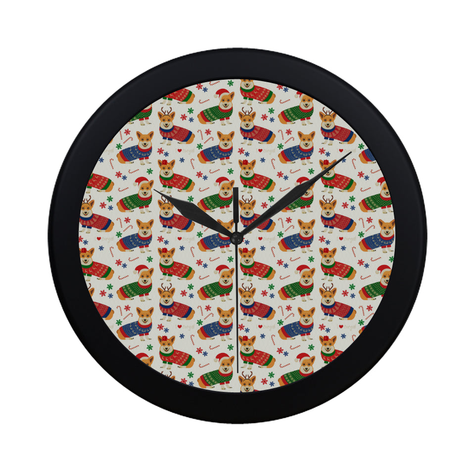 Corgi Christmas Pattern Elegant Black Wall Clock