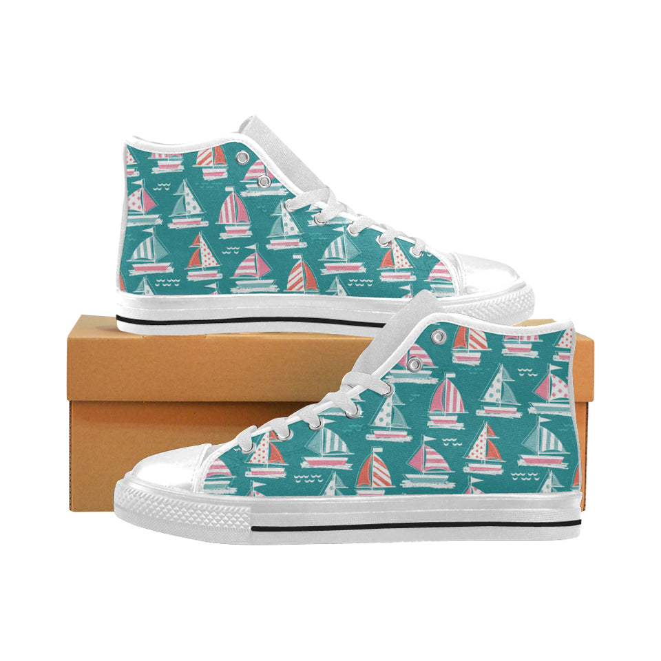 Cute sailboat pattern Men's High Top Canvas Shoes White