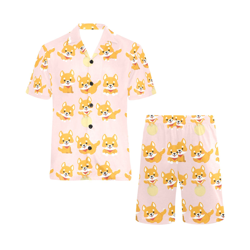 Cute shiba inu dog pattern Men's V-Neck Short Pajama Set