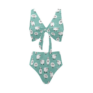 Cute sheep green background Chest Bowknot High Waisted Bikini Swimsuit