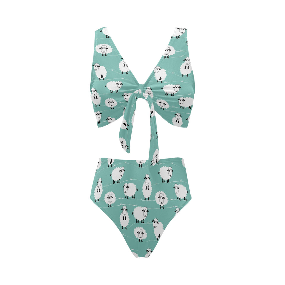 Cute sheep green background Chest Bowknot High Waisted Bikini Swimsuit