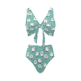 Cute sheep green background Chest Bowknot High Waisted Bikini Swimsuit