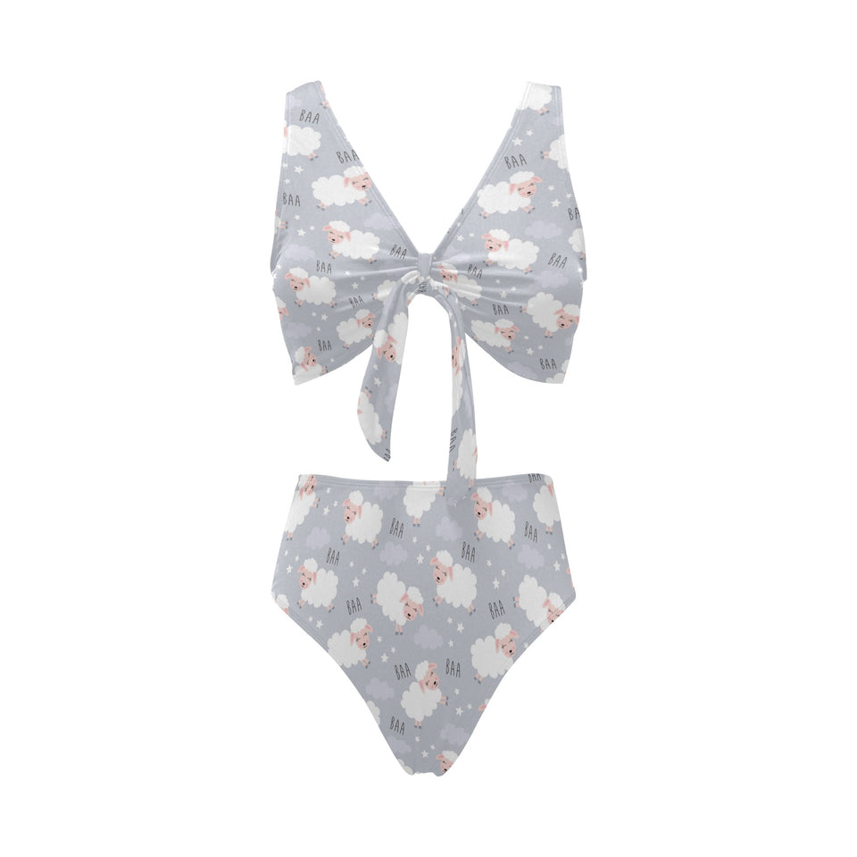 Sweet dreams sheep pattern Chest Bowknot High Waisted Bikini Swimsuit