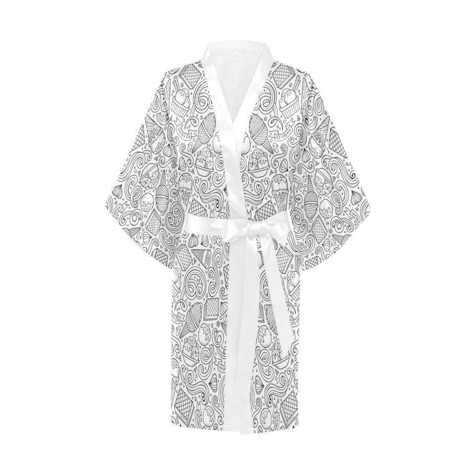 Cartoon hand drawn ice cream black white Women's Short Kimono Robe