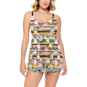 Sun Glasses Pattern Print Design 02 Chest Sexy Pleated Two Piece Swim Dress