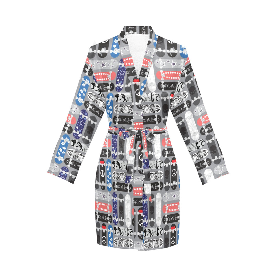 Skate Board Pattern Print Design 04 Women's Long Sleeve Belted Night Robe