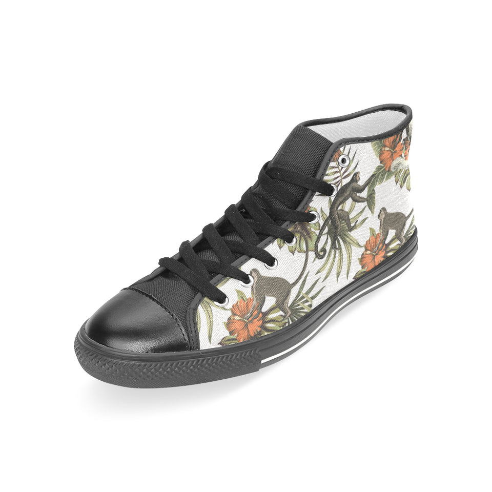 Monkey red hibiscus flower palm leaves floral patt Women's High Top Canvas Shoes Black