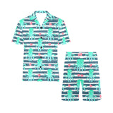 Cute octopuses heart striped background Men's V-Neck Short Pajama Set