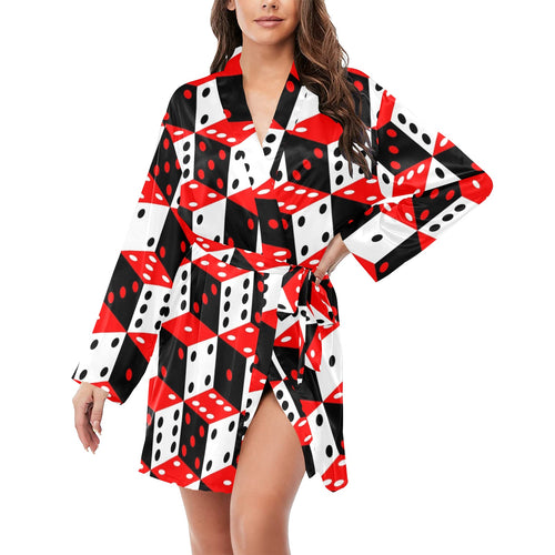 Dice Pattern Print Design 02 Women's Long Sleeve Belted Night Robe