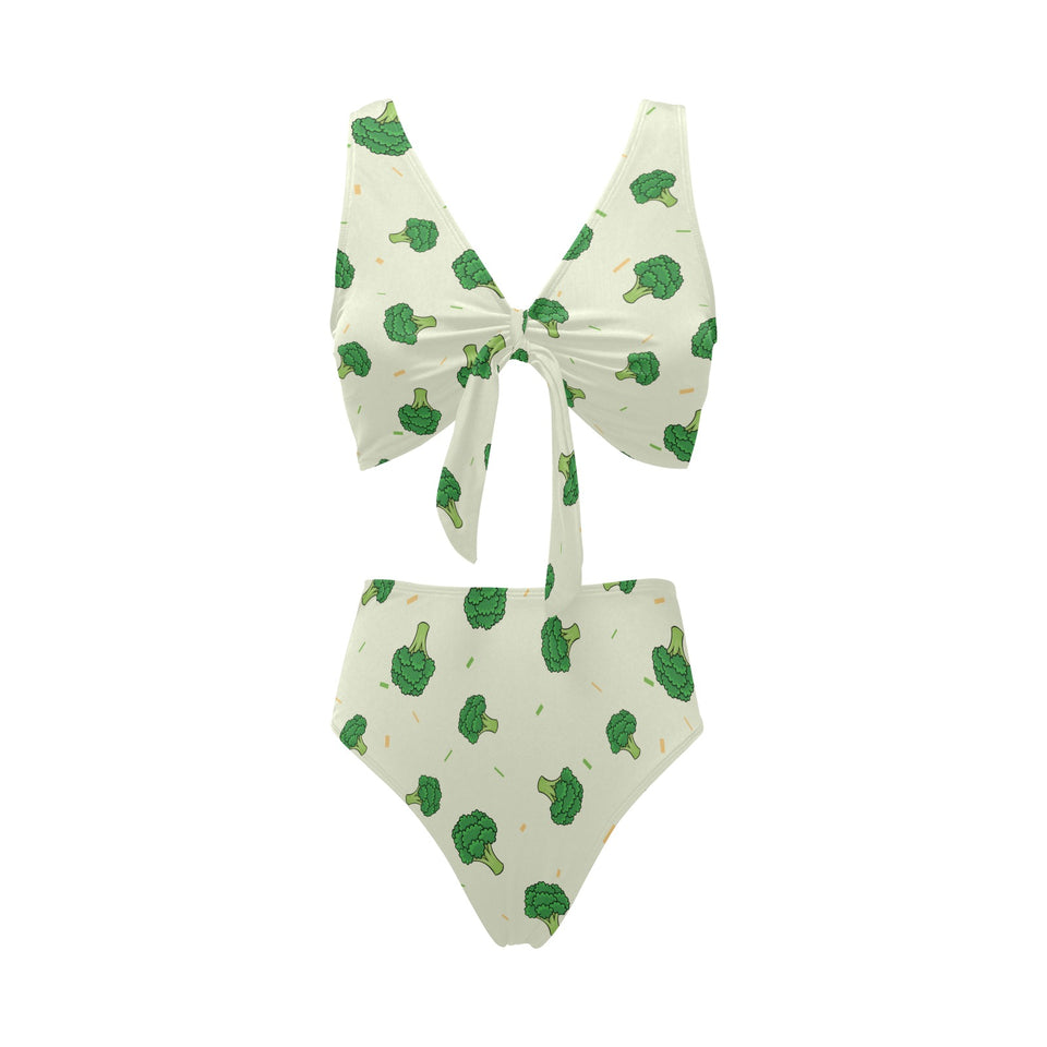 Broccoli pattern Chest Bowknot High Waisted Bikini Swimsuit