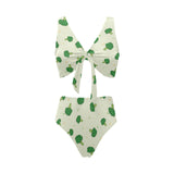 Broccoli pattern Chest Bowknot High Waisted Bikini Swimsuit